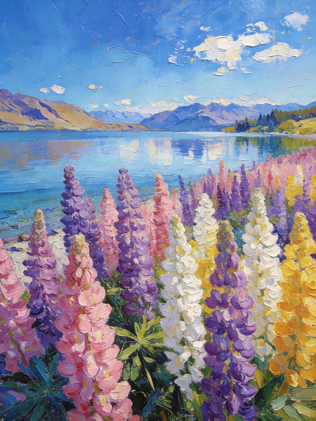 Small Oil Paintings, Scenic Lake Pukaki with Flowers, Heavy Texture Artwork, Hand Painted Canvas Art, Original Landscape Paintings, Canvas Paintings for Bedroom-artworkcanvas
