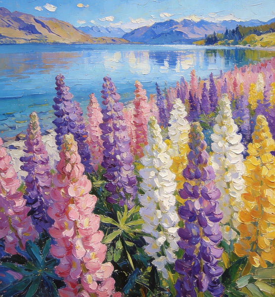 Small Oil Paintings, Scenic Lake Pukaki with Flowers, Heavy Texture Artwork, Hand Painted Canvas Art, Original Landscape Paintings, Canvas Paintings for Bedroom-artworkcanvas