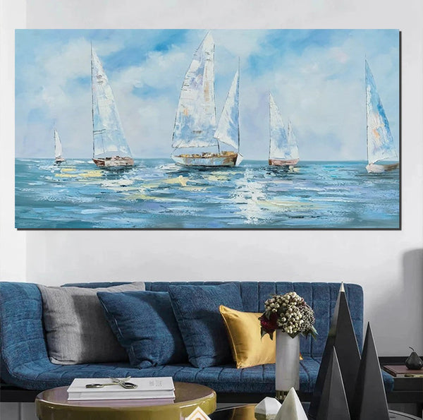 Contemporary Canvas Artwork, Abstract Wall Art Paintings, Modern Art Paintings for Dining Room, Sail Boat Acrylic Paintings on Canvas, Hand Painted Wall Art Paintings
