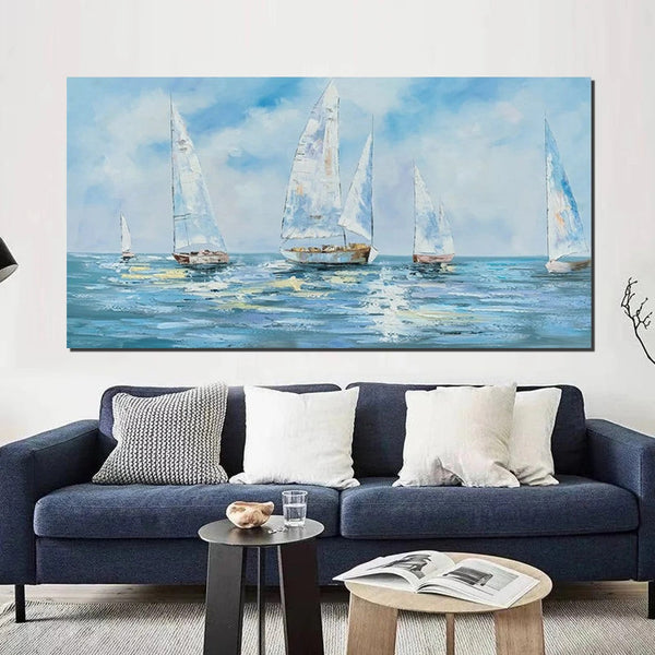 Contemporary Canvas Artwork, Abstract Wall Art Paintings, Modern Art Paintings for Dining Room, Sail Boat Acrylic Paintings on Canvas, Hand Painted Wall Art Paintings