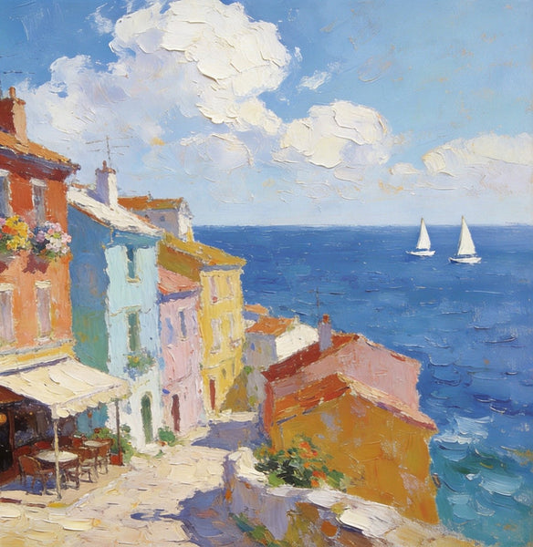 Original Landscape Paintings, Beach Town Serenity, Small Oil Paintings, Buy Painting Online, Hand Painted Canvas Art, Heavy Texture Artwork-artworkcanvas