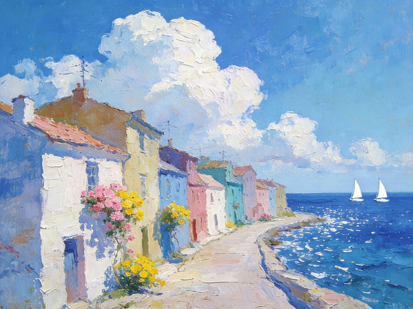 Small Landscape Paintings on Canvas, Coastal Town Dreamy Vista, Seashore Beach Paintings, Landscape Canvas Paintings, Palette Knife Oil Paintings, Hand Painted Canvas Art, Original Oil Paintings-artworkcanvas