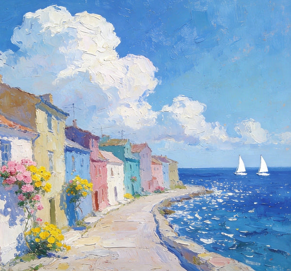 Small Landscape Paintings on Canvas, Coastal Town Dreamy Vista, Seashore Beach Paintings, Landscape Canvas Paintings, Palette Knife Oil Paintings, Hand Painted Canvas Art, Original Oil Paintings-artworkcanvas