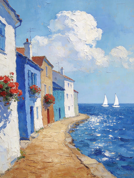 Palette Knife Artwork, Seaside Town Peaceful Ambiance, Hand Painted Canvas Art, Small Oil Paintings, Original Canvas Paintings, Landscape Paintings for Bedroom-artworkcanvas