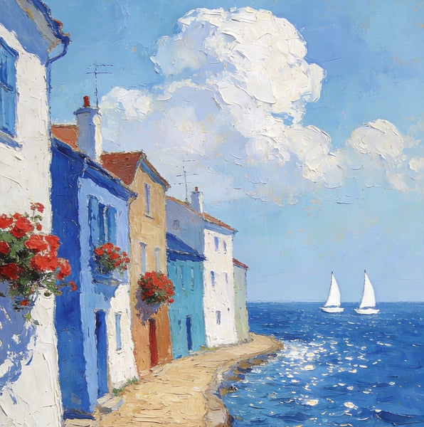 Palette Knife Artwork, Seaside Town Peaceful Ambiance, Hand Painted Canvas Art, Small Oil Paintings, Original Canvas Paintings, Landscape Paintings for Bedroom-artworkcanvas