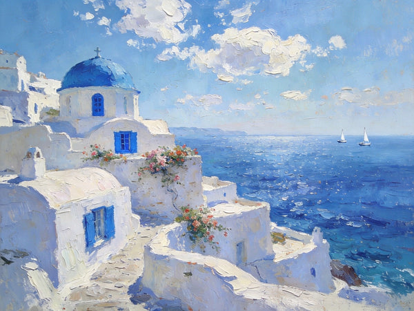 The Blue Domed Church by the Sea, Hand Painted Canvas Art, Small Oil Paintings, Heavy Texture Artwork, Landscape Canvas Paintings, Original Canvas Paintings-artworkcanvas