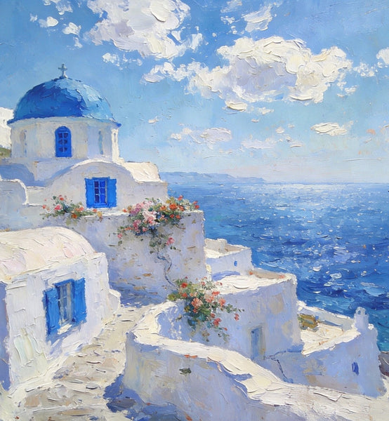 The Blue Domed Church by the Sea, Hand Painted Canvas Art, Small Oil Paintings, Heavy Texture Artwork, Landscape Canvas Paintings, Original Canvas Paintings-artworkcanvas