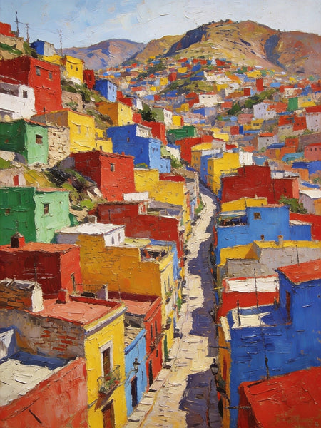 Original Landscape Art, Guanajuato's Hued Houses and Winding Paths, Small Oil Paintings, Hand Painted Canvas Art, Heavy Texture Wall Art Paintings, Landscape Paintings for Bedroom-artworkcanvas