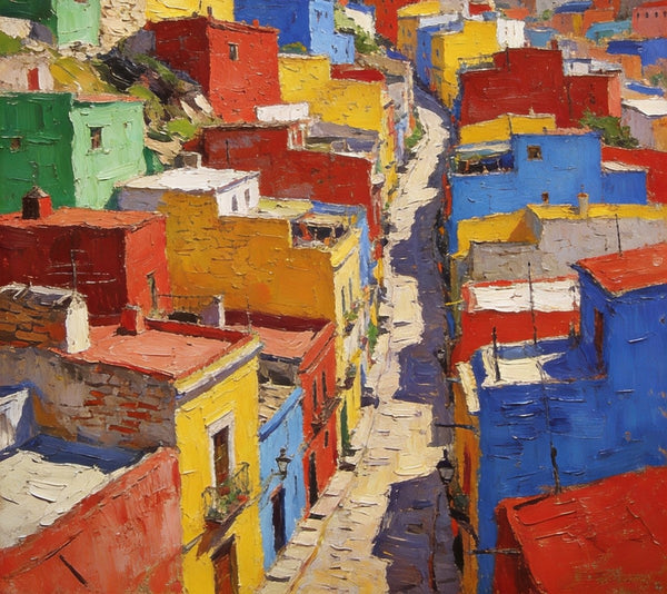 Original Landscape Art, Guanajuato's Hued Houses and Winding Paths, Small Oil Paintings, Hand Painted Canvas Art, Heavy Texture Wall Art Paintings, Landscape Paintings for Bedroom-artworkcanvas