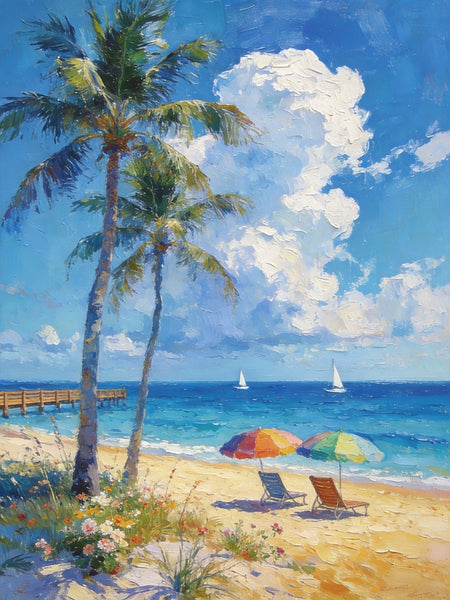 Heavy Texture Artwork, Coastal Peach and Quiet, Palm Trees Seashore Paintings, Hand Painted Canvas Wall Art, Original Oil Paintings, Small Canvas Paintings, Small Canvas Paintings-artworkcanvas