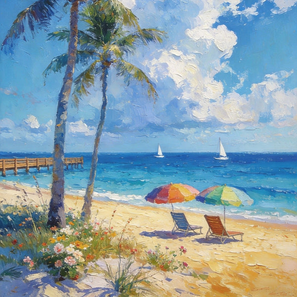Heavy Texture Artwork, Coastal Peach and Quiet, Palm Trees Seashore Paintings, Hand Painted Canvas Wall Art, Original Oil Paintings, Small Canvas Paintings, Small Canvas Paintings-artworkcanvas