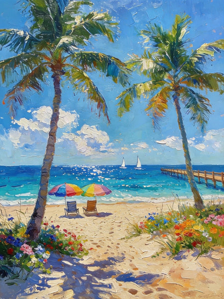 Original Landscape Paintings, Tropical Coastal Charm, Palm Tree Seashore Paintings, Canvas Paintings for Bedroom, Heavy Texture Artwork, Small Oil Paintings, Hand Painted Canvas Art-artworkcanvas