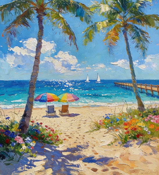 Original Landscape Paintings, Tropical Coastal Charm, Palm Tree Seashore Paintings, Canvas Paintings for Bedroom, Heavy Texture Artwork, Small Oil Paintings, Hand Painted Canvas Art-artworkcanvas