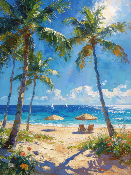 Canvas Paintings for Dining Room, Beachside Haven, Palm Tree Seashore Paintings, Original Landscape Paintings, Heavy Texture Artwork, Small Oil Paintings, Hand Painted Canvas Art