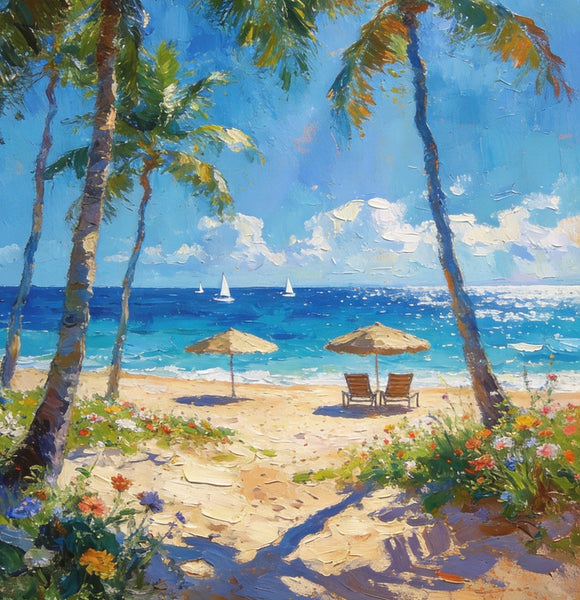 Canvas Paintings for Dining Room, Beachside Haven, Palm Tree Seashore Paintings, Original Landscape Paintings, Heavy Texture Artwork, Small Oil Paintings, Hand Painted Canvas Art