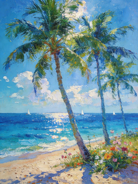 Canvas Paintings for Bedroom, Sunlit Shoreline, Palm Tree Seashore Paintings, Heavy Texture Artwork, Original Landscape Paintings, Small Oil Paintings, Hand Painted Canvas Wall Art-artworkcanvas
