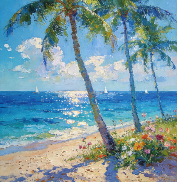 Canvas Paintings for Bedroom, Sunlit Shoreline, Palm Tree Seashore Paintings, Heavy Texture Artwork, Original Landscape Paintings, Small Oil Paintings, Hand Painted Canvas Wall Art-artworkcanvas