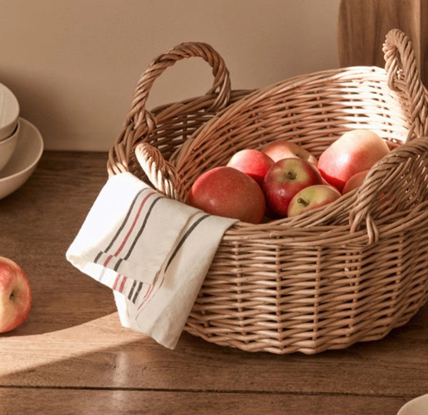 Picnic Fruit Basket with Handle, Kitchen Storage Baskets, Natural Hand-woven Wicker Round Storage Basket, Lovely Willow Weaving Baskets for Vegetable, Natural Fruit Storage Basket-artworkcanvas