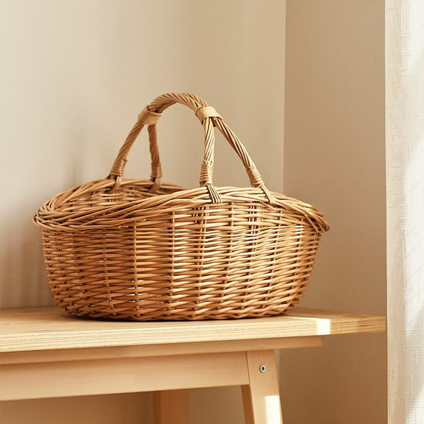Large Kitchen Storage Baskets, Picnic Storage Basket with Handle, Hand-woven Wicker Storage Basket, Willow Weaving Baskets for Vegetable, Natural Fruit Basket-artworkcanvas