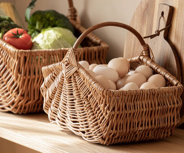 Large Picnic Food Basket with Handle, Natural Hand-woven Wicker Storage Basket, Lovely Willow Weaving Baskets for Vegetable, Natural Fruit Basket, Kitchen Storage Baskets-artworkcanvas