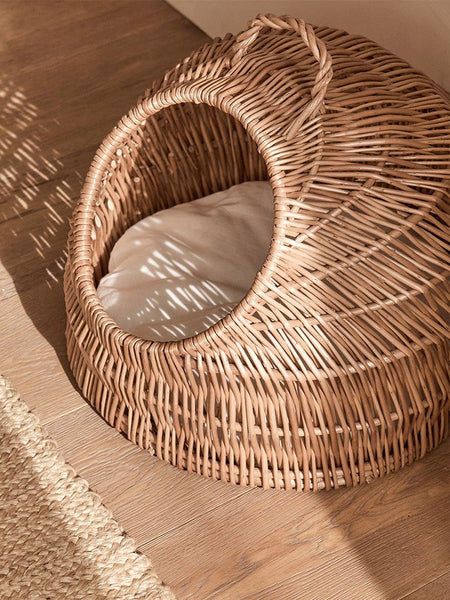 Indoor Cat Bed, Natural Wicker Cat House Basket with Washable Cushion for Indoor Cats and Dogs-artworkcanvas