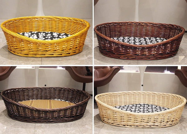 Natural Wicker Dog Bed with Washable Cushion for Indoor Cats and Dogs, Hand woven Rattan Cat Beds-artworkcanvas