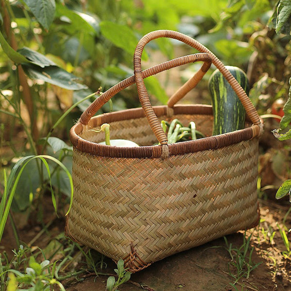 Storage Basket with Handle, Large Kitchen Storage Baskets, Natural Hand-woven Bamboo Storage Basket, Lovely Bamboo Weaving Baskets for Vegetable, Picnic Fruit Storage Baskets-artworkcanvas