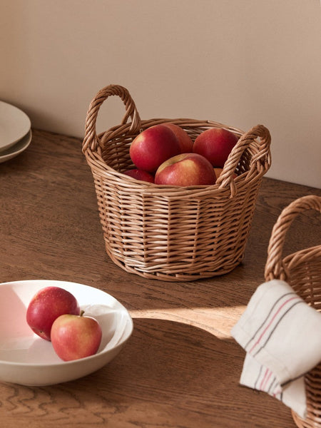 Large Picnic Fruit Basket with Handle, Natural Hand-woven Wicker Round Storage Basket, Lovely Willow Weaving Baskets for Vegetable, Natural Fruit Storage Basket, Kitchen Storage Baskets-artworkcanvas