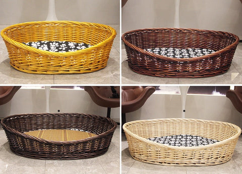Natural Wicker Dog Bed with Washable Cushion for Indoor Cats and Dogs, Hand woven Rattan Cat Beds