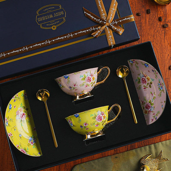 Flower Tea Cup and Saucer Set of 2 Cups in Gift Box, Porcelain Tea Cup Saucer Set, Floral Ceramic Coffee Cup with Saucer, Beautiful British Tea Cup and Saucer-artworkcanvas