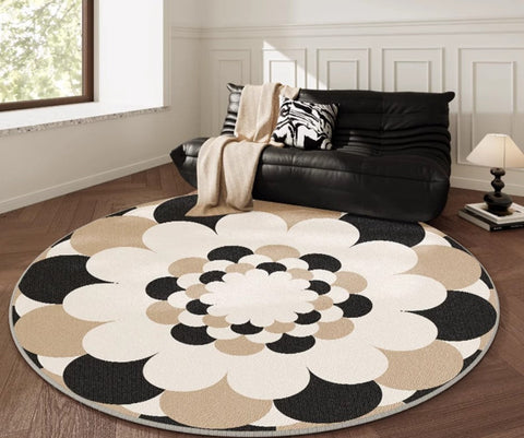 Abstract Contemporary Round Rugs under Chairs, Circular Area Rugs for Bedroom, Modern Rugs for Dining Room, Flower Pattern Modern Rugs for Living Room-artworkcanvas