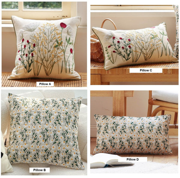 Farmhouse Decorative Pillows for Sofa, Embroider Flower Cotton Pillow Covers, Spring Flower Decorative Pillows for Bedroom, Decorative Pillows for Couch-artworkcanvas