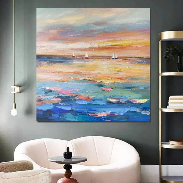Abstract Landscape Wall Art for Bedroom, Sail Boat at Sea, Contemporary Modern Artwork, Large Modern Canvas Painting, Hand Painted Wall Art Painting