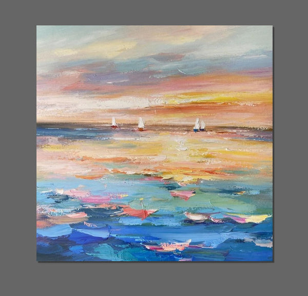 Abstract Landscape Wall Art for Bedroom, Sail Boat at Sea, Contemporary Modern Artwork, Large Modern Canvas Painting, Hand Painted Wall Art Painting