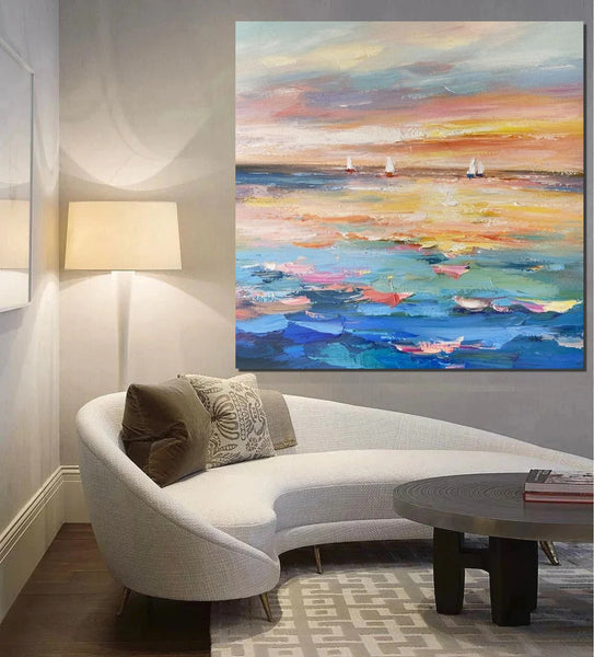 Abstract Landscape Wall Art for Bedroom, Sail Boat at Sea, Contemporary Modern Artwork, Large Modern Canvas Painting, Hand Painted Wall Art Painting-artworkcanvas