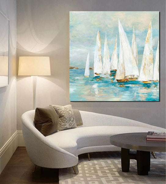 Sail Boat Painting, Hand Painted Abstract Painting, Abstract Landscape Painting, Extra Large Abstract Paintings on Canvas, Bedroom Wall Art Ideas
