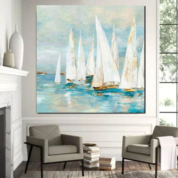 Sail Boat Painting, Hand Painted Abstract Painting, Abstract Landscape Painting, Extra Large Abstract Paintings on Canvas, Bedroom Wall Art Ideas