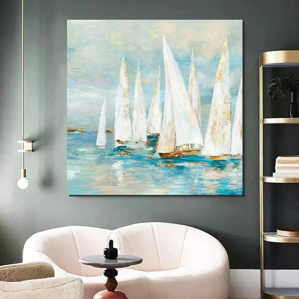 Sail Boat Painting, Hand Painted Abstract Painting, Abstract Landscape Painting, Extra Large Abstract Paintings on Canvas, Bedroom Wall Art Ideas