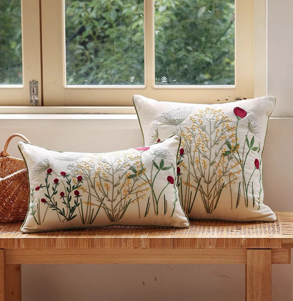 Farmhouse Decorative Pillows for Sofa, Embroider Flower Cotton Pillow Covers, Spring Flower Decorative Pillows for Bedroom, Decorative Pillows for Couch-artworkcanvas