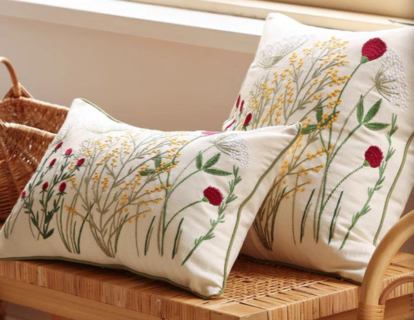 Farmhouse Decorative Pillows for Sofa, Embroider Flower Cotton Pillow Covers, Spring Flower Decorative Pillows for Bedroom, Decorative Pillows for Couch-artworkcanvas