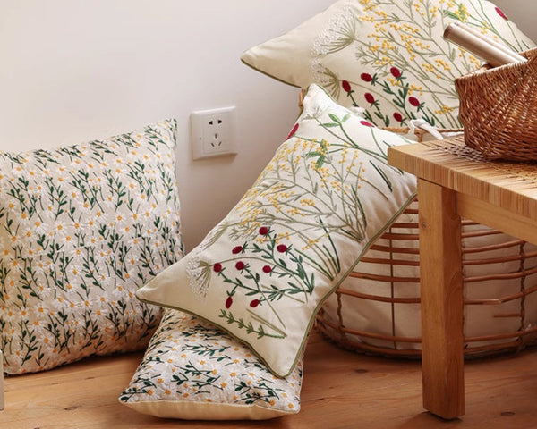 Farmhouse Decorative Pillows for Sofa, Embroider Flower Cotton Pillow Covers, Spring Flower Decorative Pillows for Bedroom, Decorative Pillows for Couch-artworkcanvas