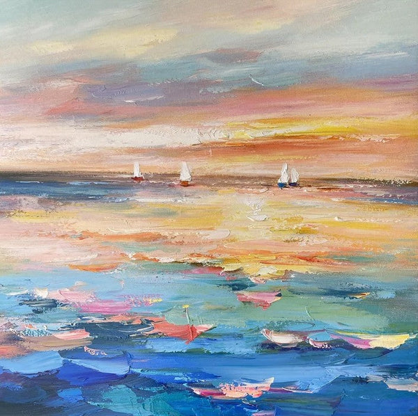 Abstract Landscape Wall Art for Bedroom, Sail Boat at Sea, Contemporary Modern Artwork, Large Modern Canvas Painting, Hand Painted Wall Art Painting-artworkcanvas