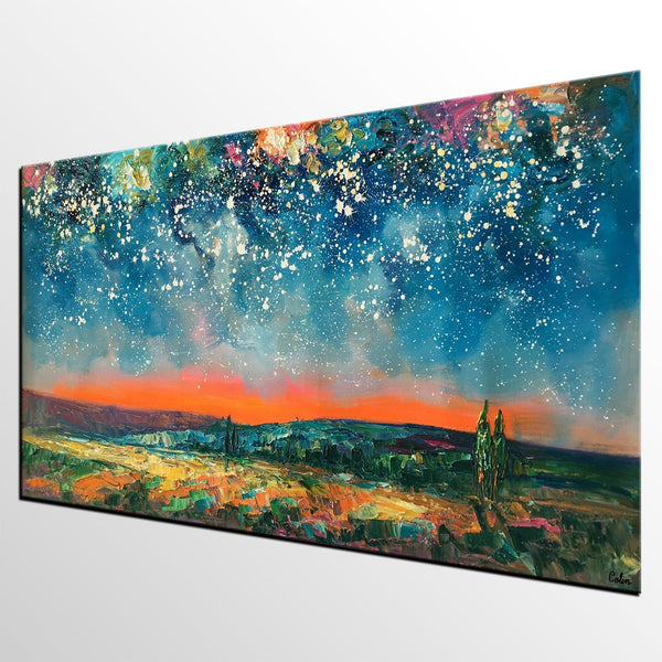 Original Landscape Painting, Starry Night Sky Painting, Bedroom Wall Art Paintings, Custom Original Painting for Sale