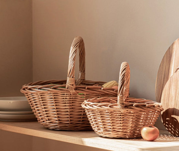 Large Picnic Food Basket with Handle, Lovely Willow Weaving Baskets for Vegetable, Natural Hand-woven Wicker Storage Basket, Natural Fruit Basket, Kitchen Storage Baskets-artworkcanvas