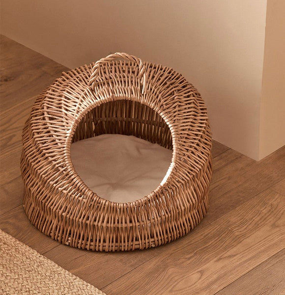 Indoor Cat Bed, Natural Wicker Cat House Basket with Washable Cushion for Indoor Cats and Dogs-artworkcanvas