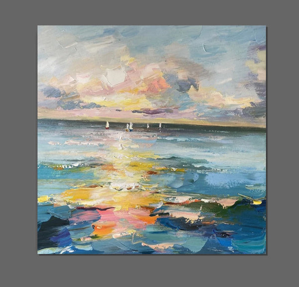 Sail Boat at Sea, Contemporary Modern Artwork, Abstract Landscape Wall Art for Bedroom, Large Modern Canvas Painting, Hand Painted Wall Art Painting