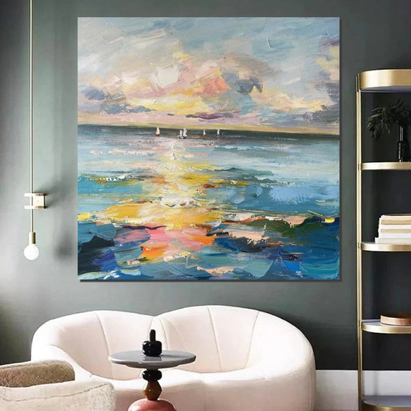 Sail Boat at Sea, Contemporary Modern Artwork, Abstract Landscape Wall Art for Bedroom, Large Modern Canvas Painting, Hand Painted Wall Art Painting