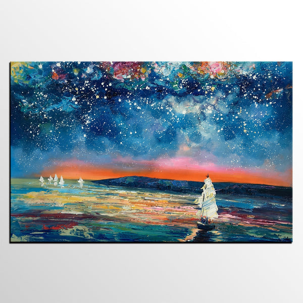 Canvas Painting, Abstract Art for Sale, Sail Boat under Starry Night Sky Painting, Custom Art, Buy Art Online