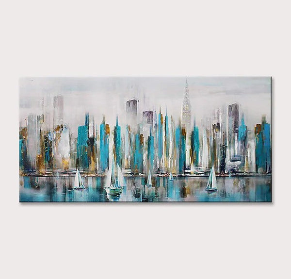 Sail Boat Painting, Cityscape Painting, Abstract Landscape Art, Wall Art Paintings, Simple Modern Paintings for Living Room-artworkcanvas