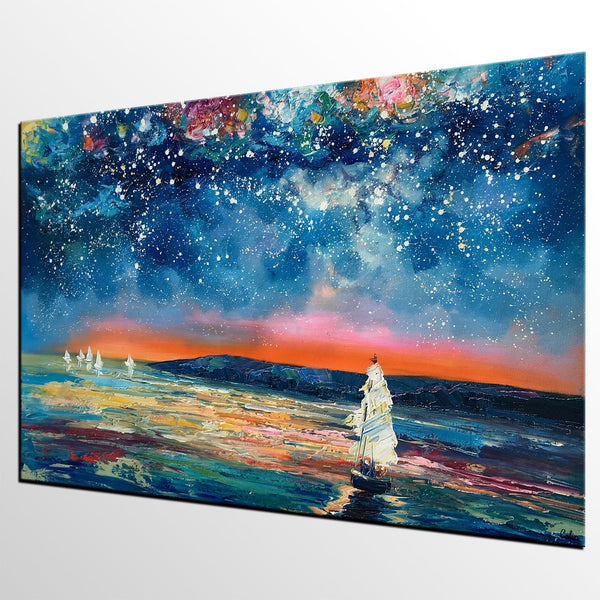 Canvas Painting, Abstract Art for Sale, Sail Boat under Starry Night Sky Painting, Custom Art, Buy Art Online